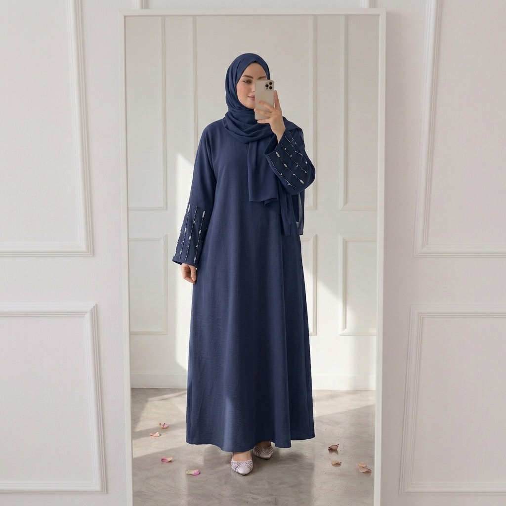 Closed abaya dress with embroidered beads sleeve with matching shawl - Blue