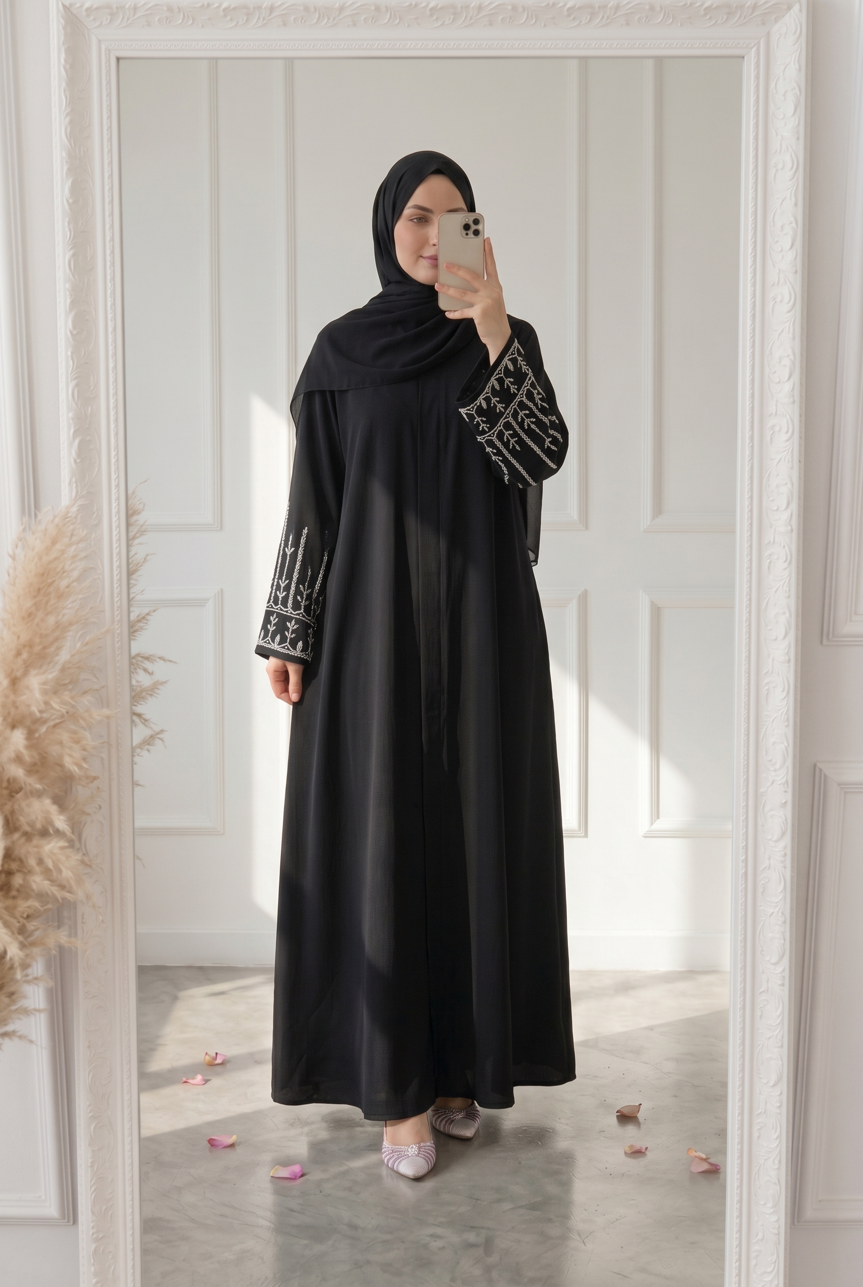 Closed abaya dress with embroidered beads sleeve with matching shawl - Black