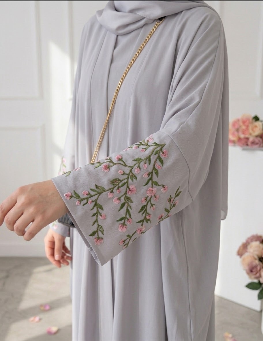 Floral embroidery open abaya - Gray