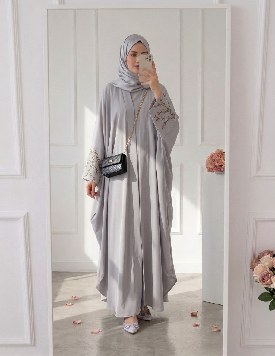 Floral embroidery open abaya - Gray