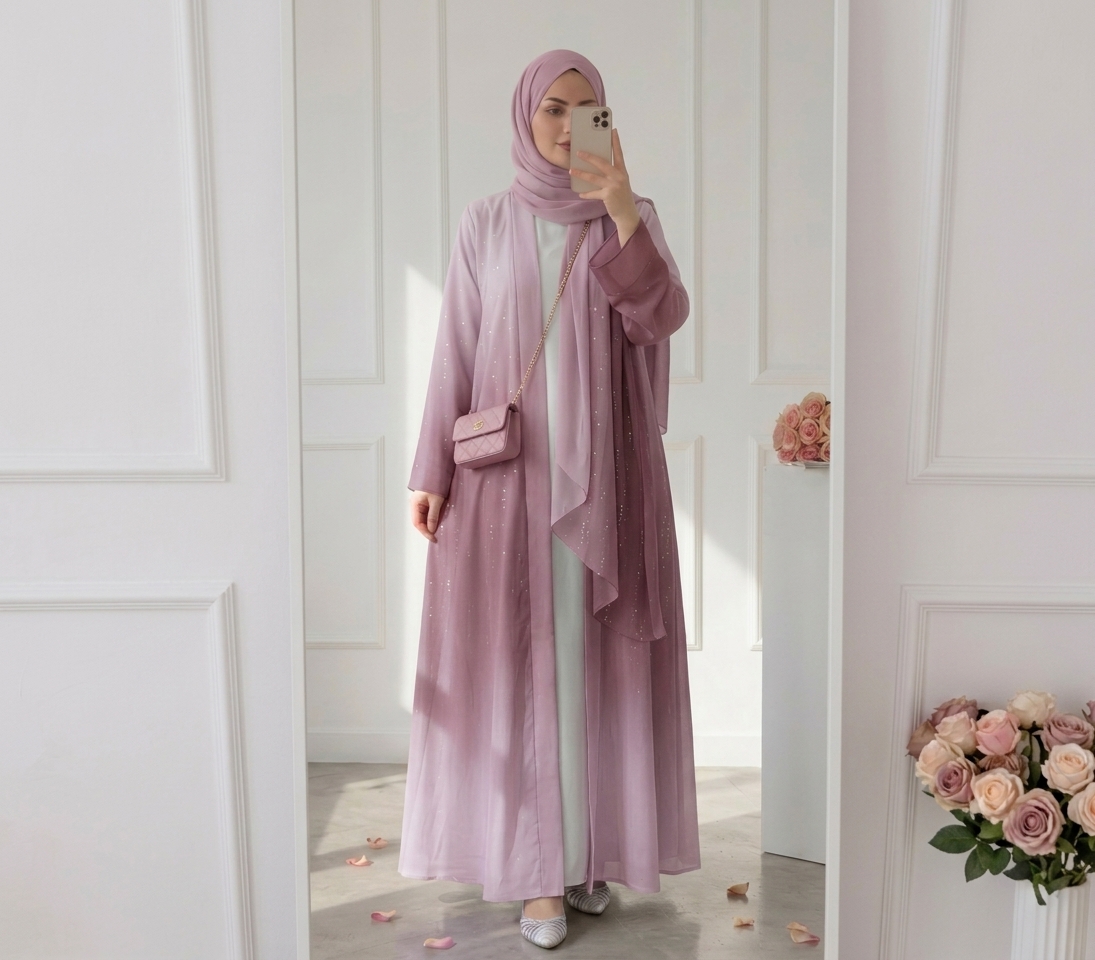Kimono Gradient Glitter Chiffon open abaya with inner dress and chiffon shawl (3 piece set) - Pink