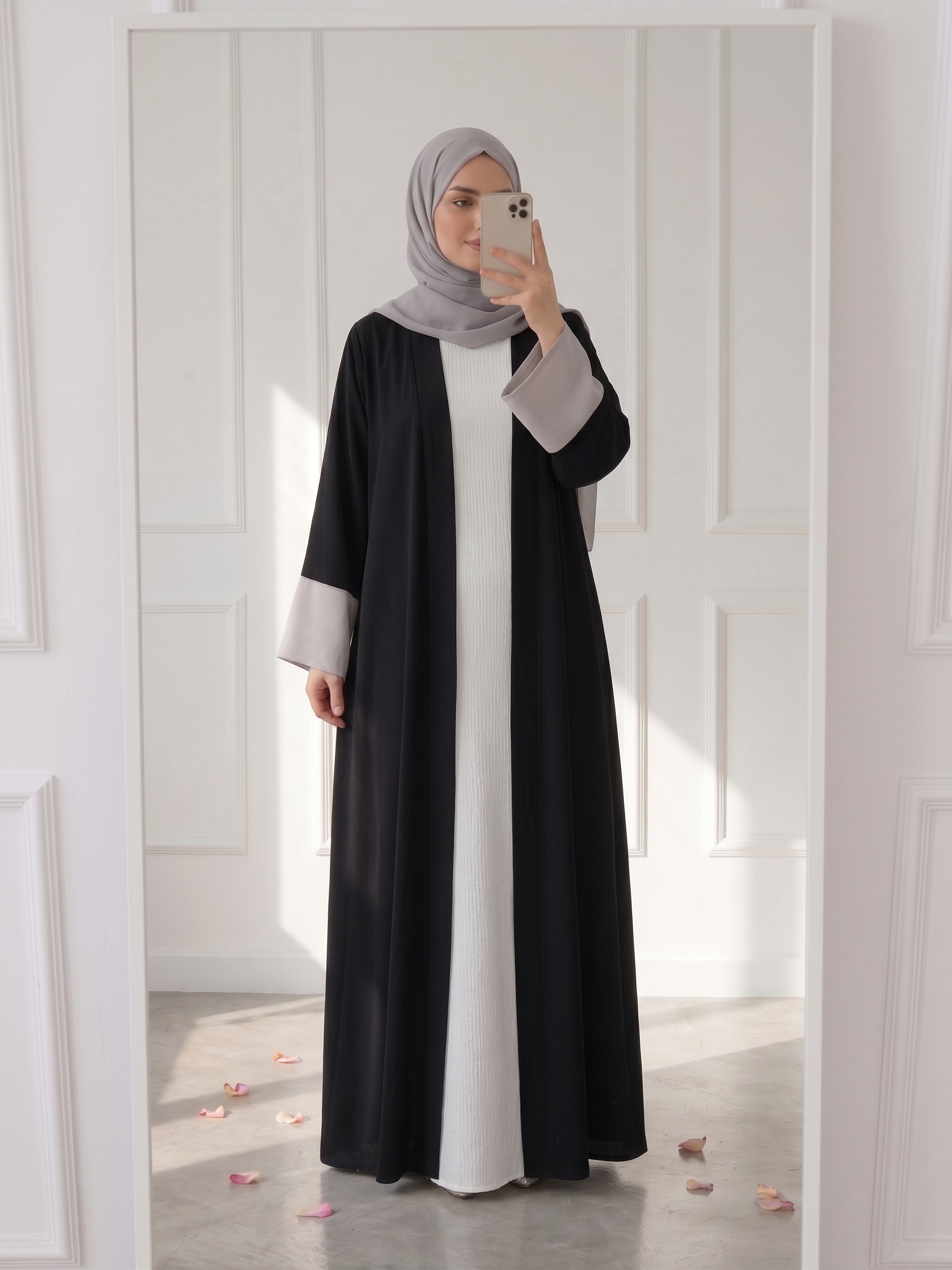 Colorblock Flounce sleeve, Open Front Abaya - Black