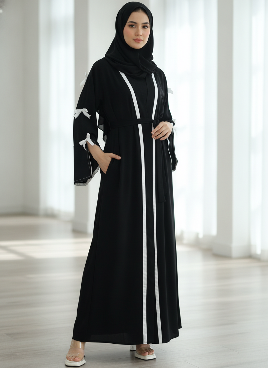 AI generated image for Open Abaya with Tie Design with Matching Inner Wear