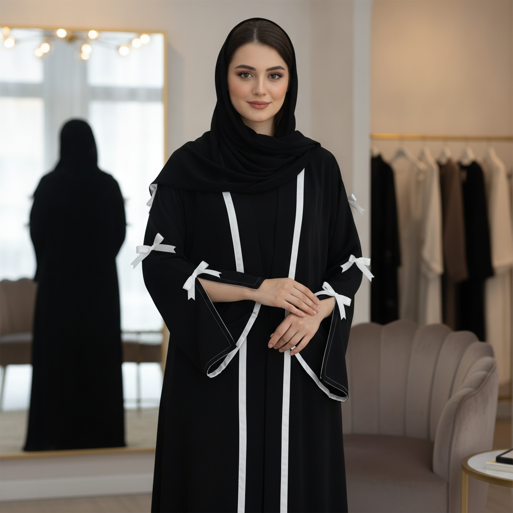 AI generated image for Open Abaya with Tie Design with Matching Inner Wear