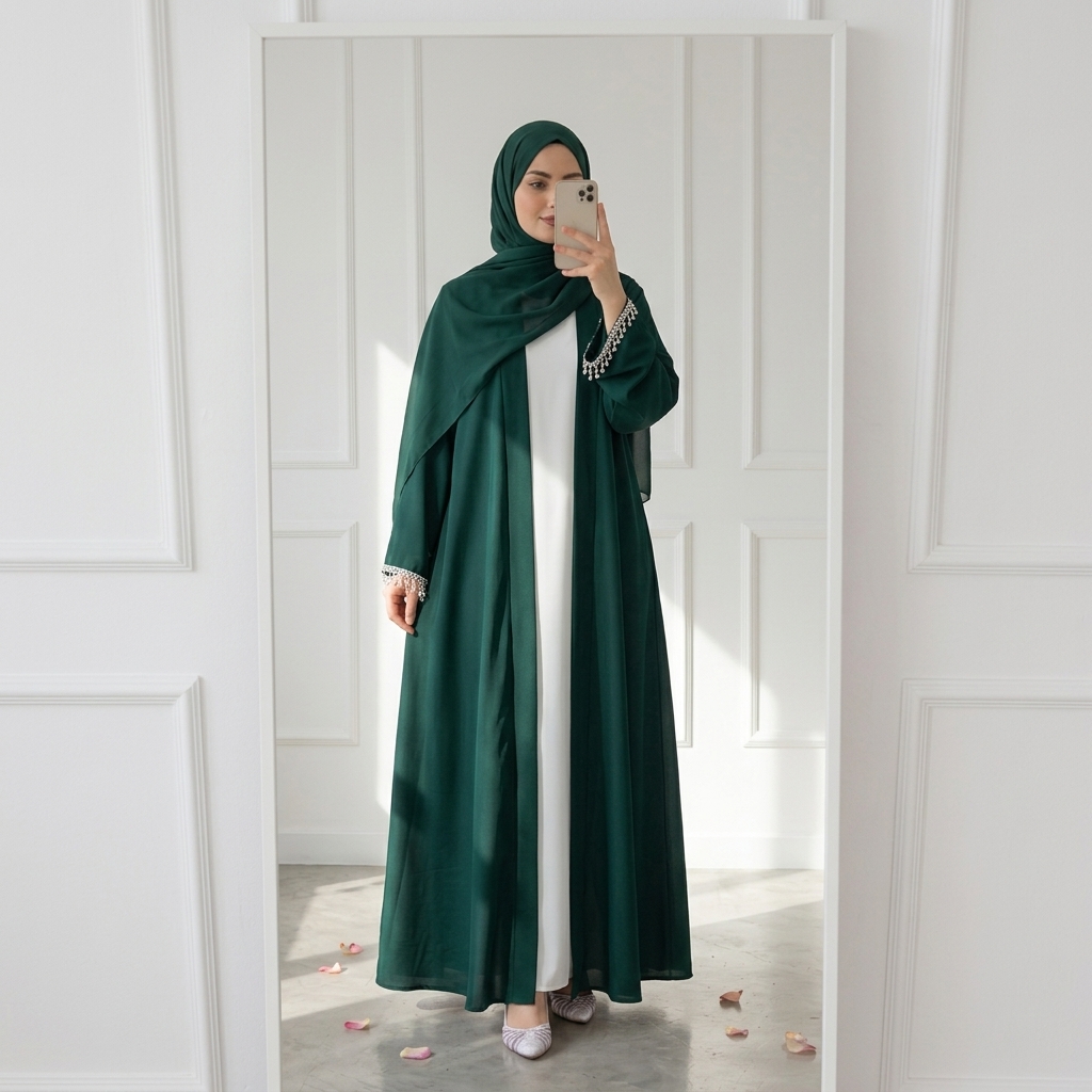 Satin abaya open with inner dress - Green