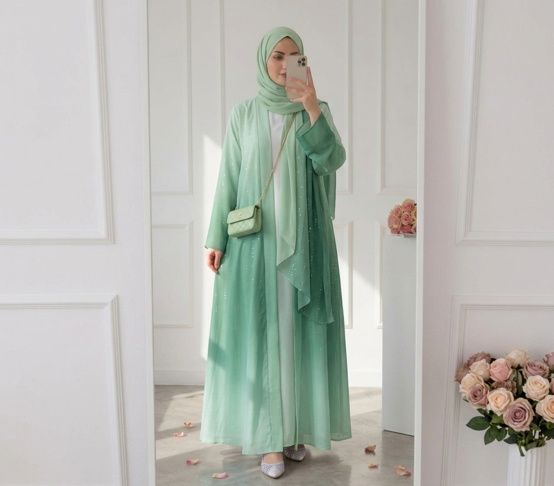 Kimono Gradient Glitter Chiffon open abaya with inner dress and chiffon shawl (3 piece set) - Green