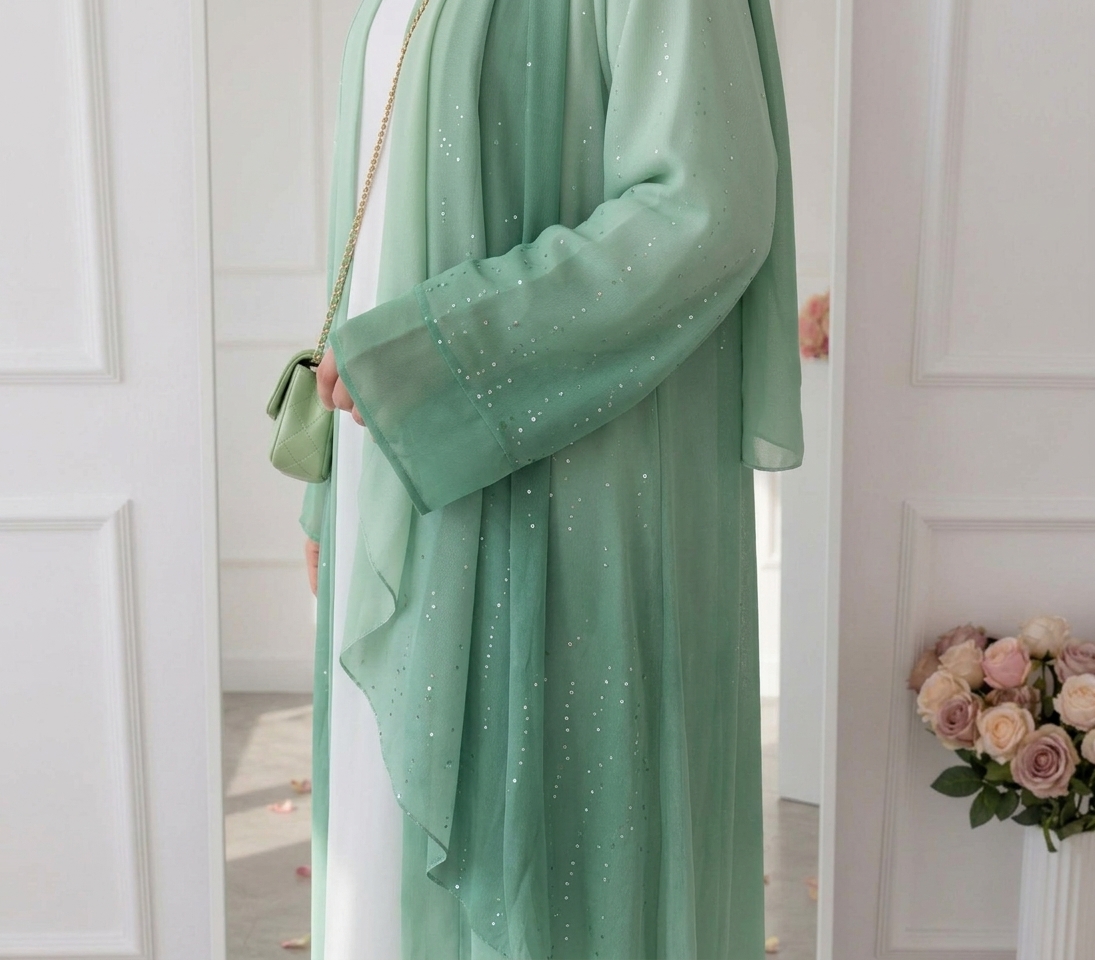 Kimono Gradient Glitter Chiffon open abaya with inner dress and chiffon shawl (3 piece set) - Green
