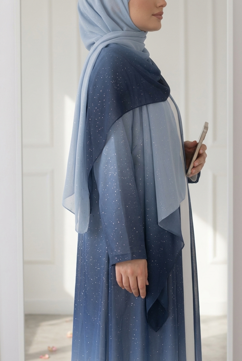 Kimono Gradient Glitter Chiffon open abaya with inner dress and chiffon shawl (3 piece set) - Dark Blue