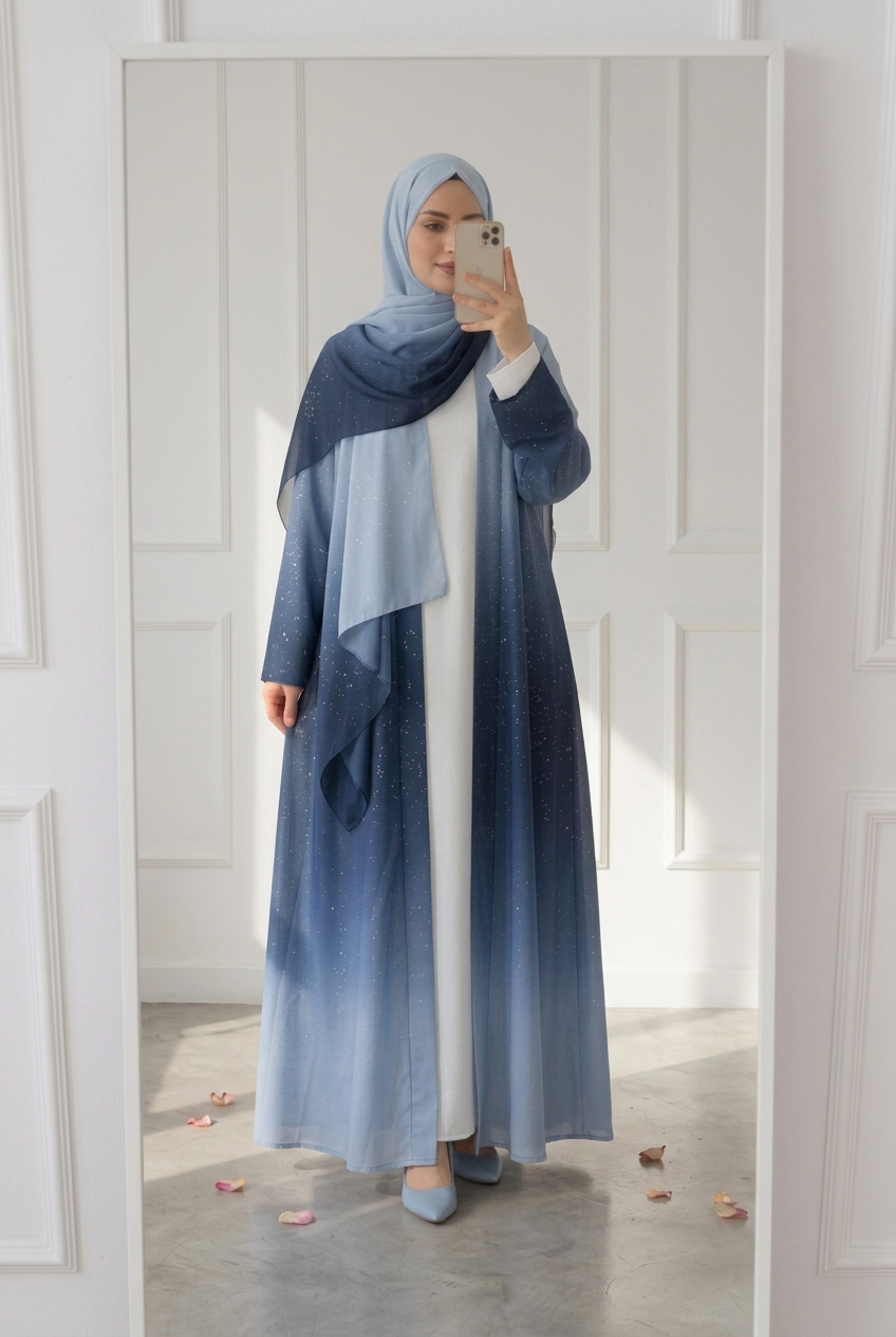 Kimono Gradient Glitter Chiffon open abaya with inner dress and chiffon shawl (3 piece set) - Dark Blue
