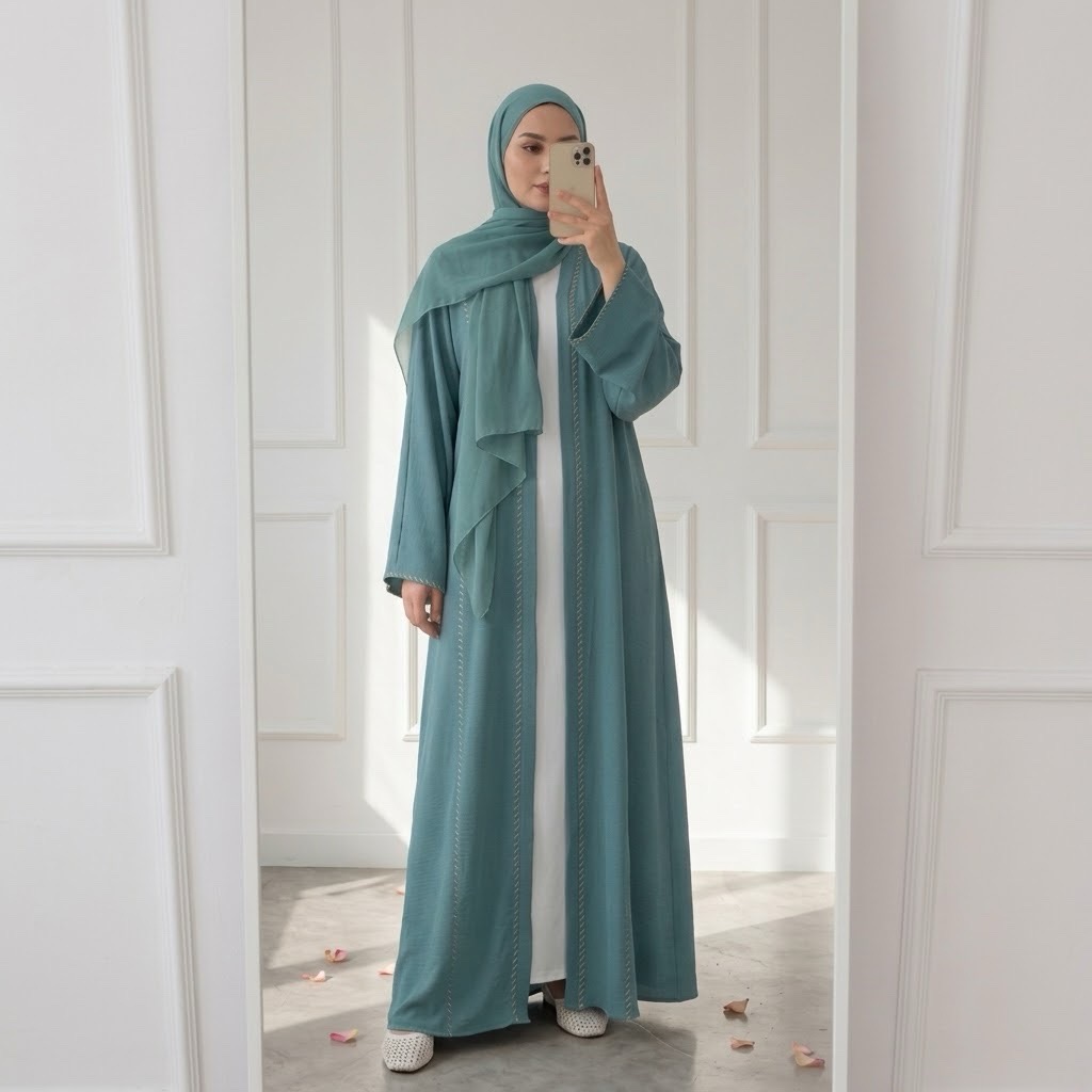 Open Abaya Cardigan with Matching Chiffon Hijab - Green