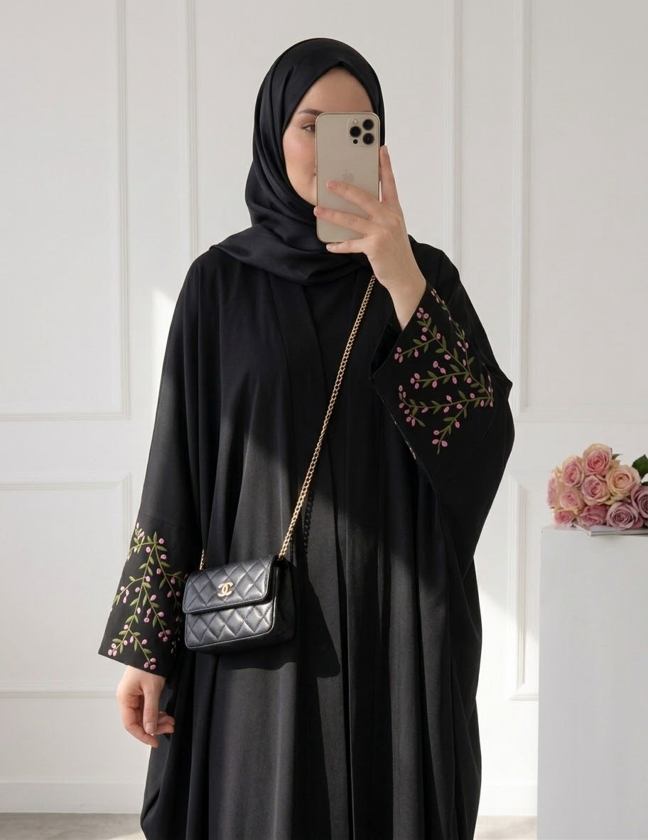 Floral embroidery open abaya - Black