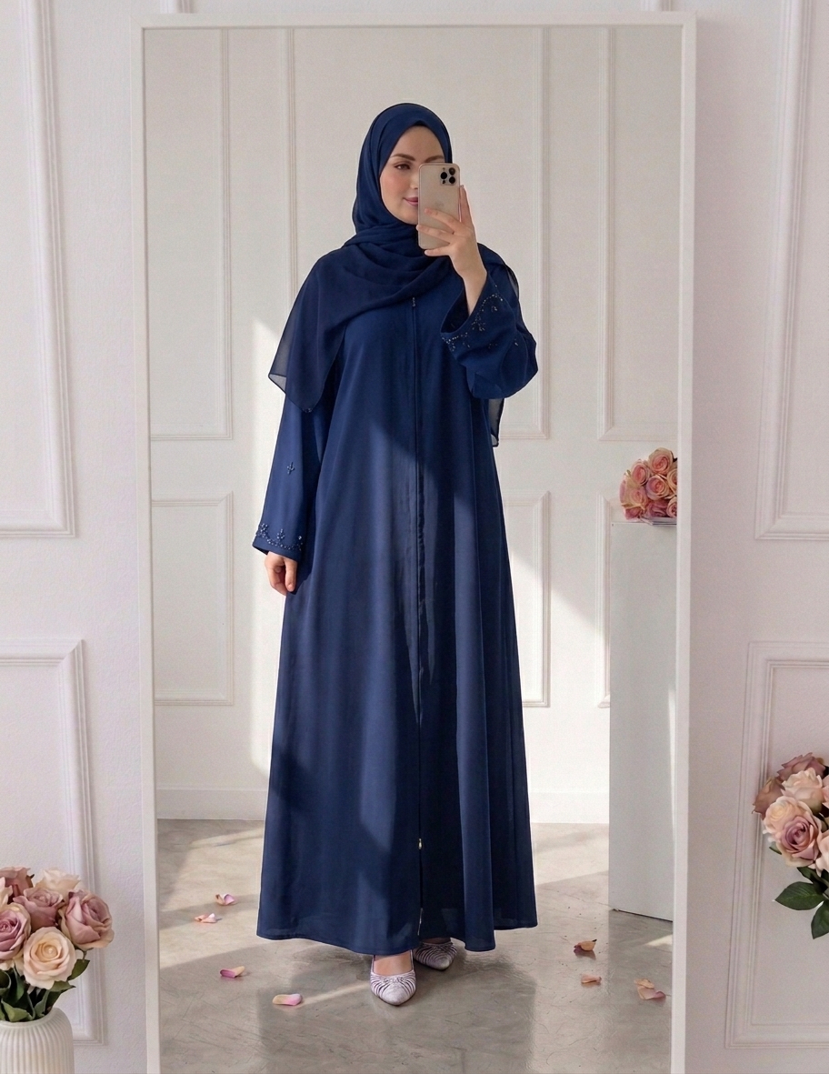 Double chiffon abaya with matching shawl - Dark blue