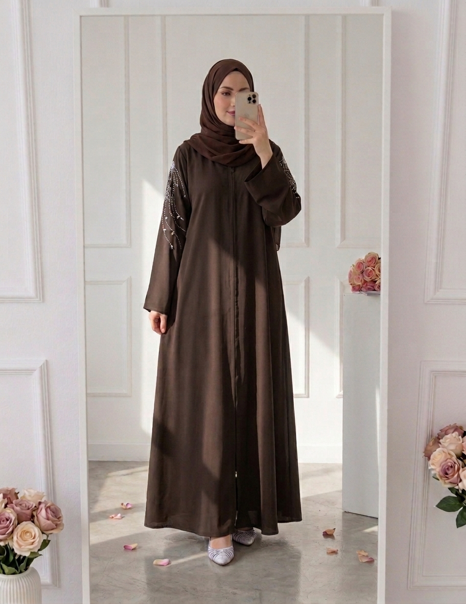 Double chiffon abaya with matching shawl - coffee