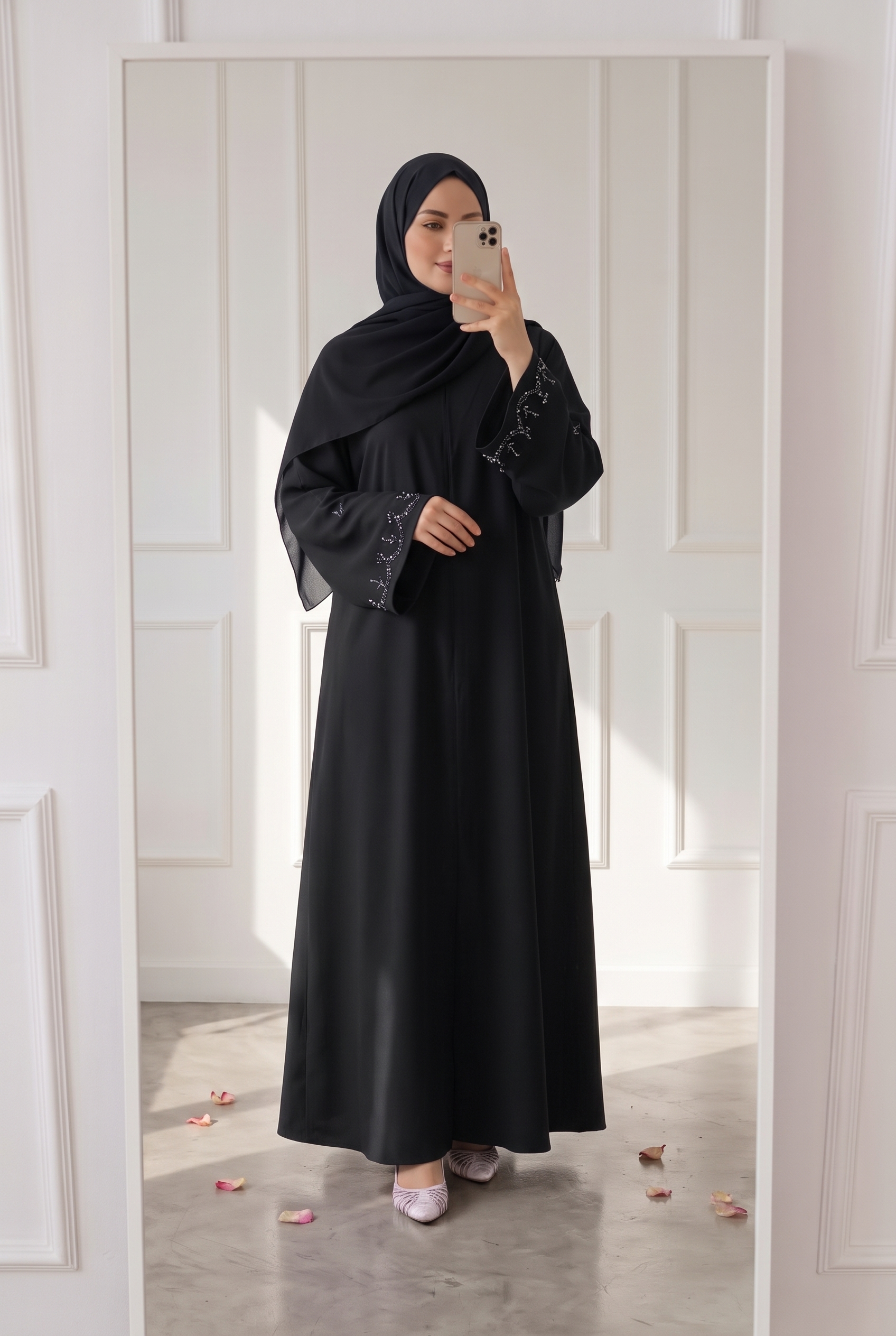 Double chiffon Beaded abaya with matching shawl - black