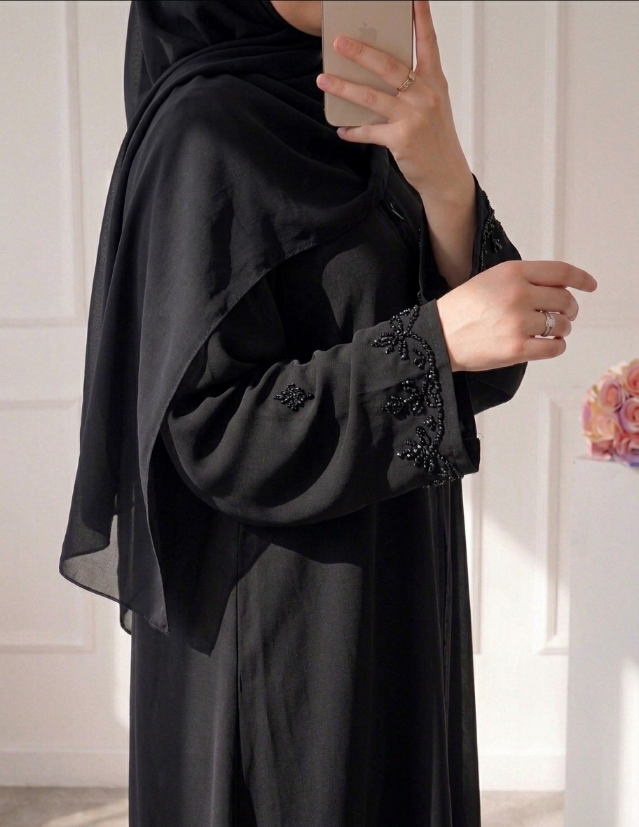 Beaded abaya with matching shawl - black