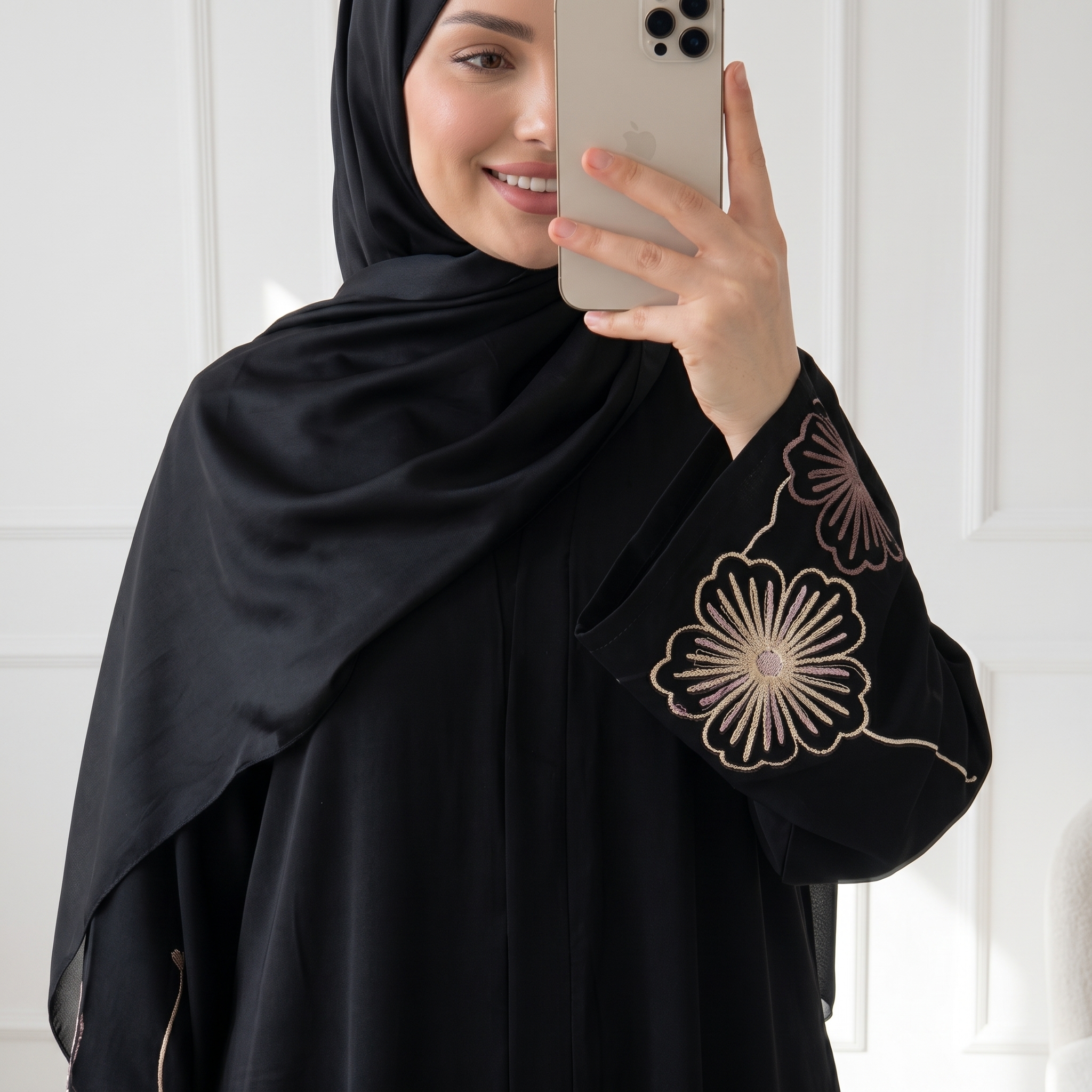 Flower Embroidery Design Abaya - Black