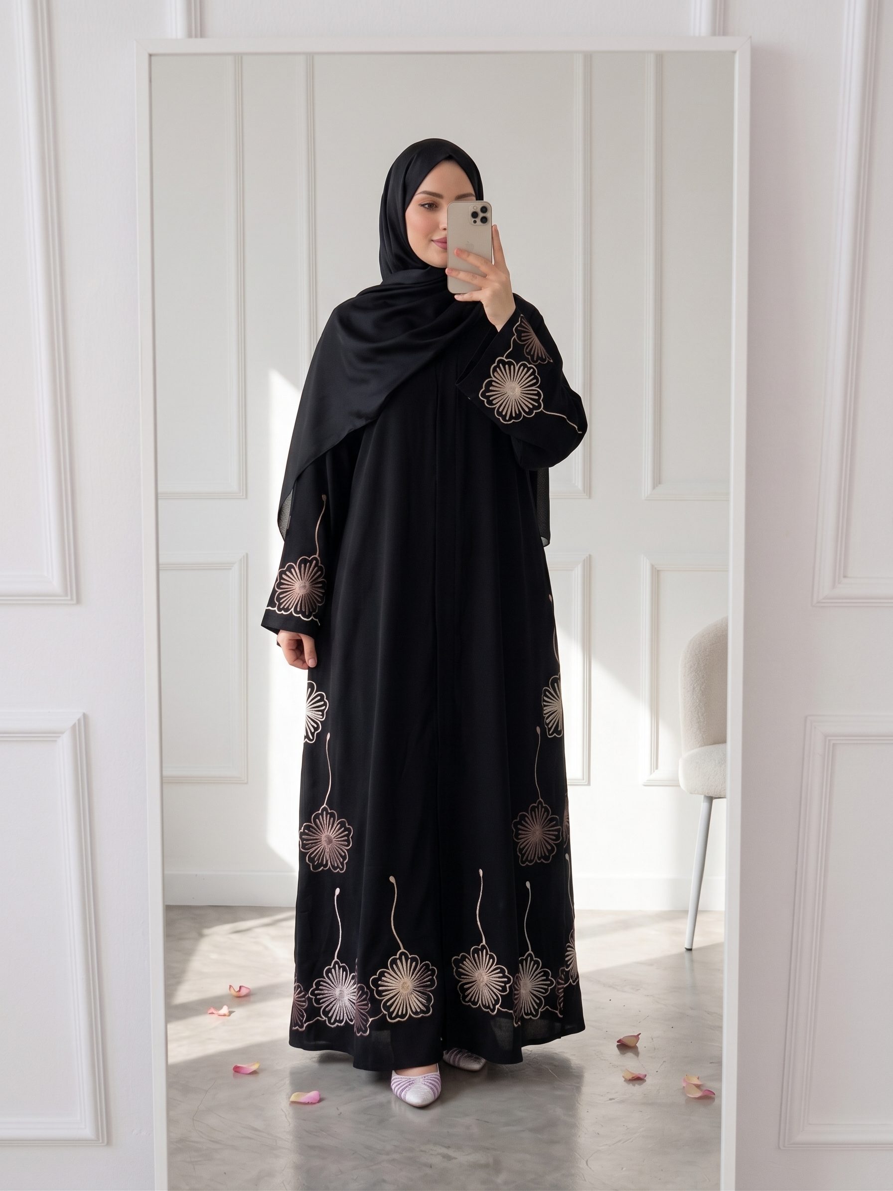 Flower Embroidery Design Abaya - Black