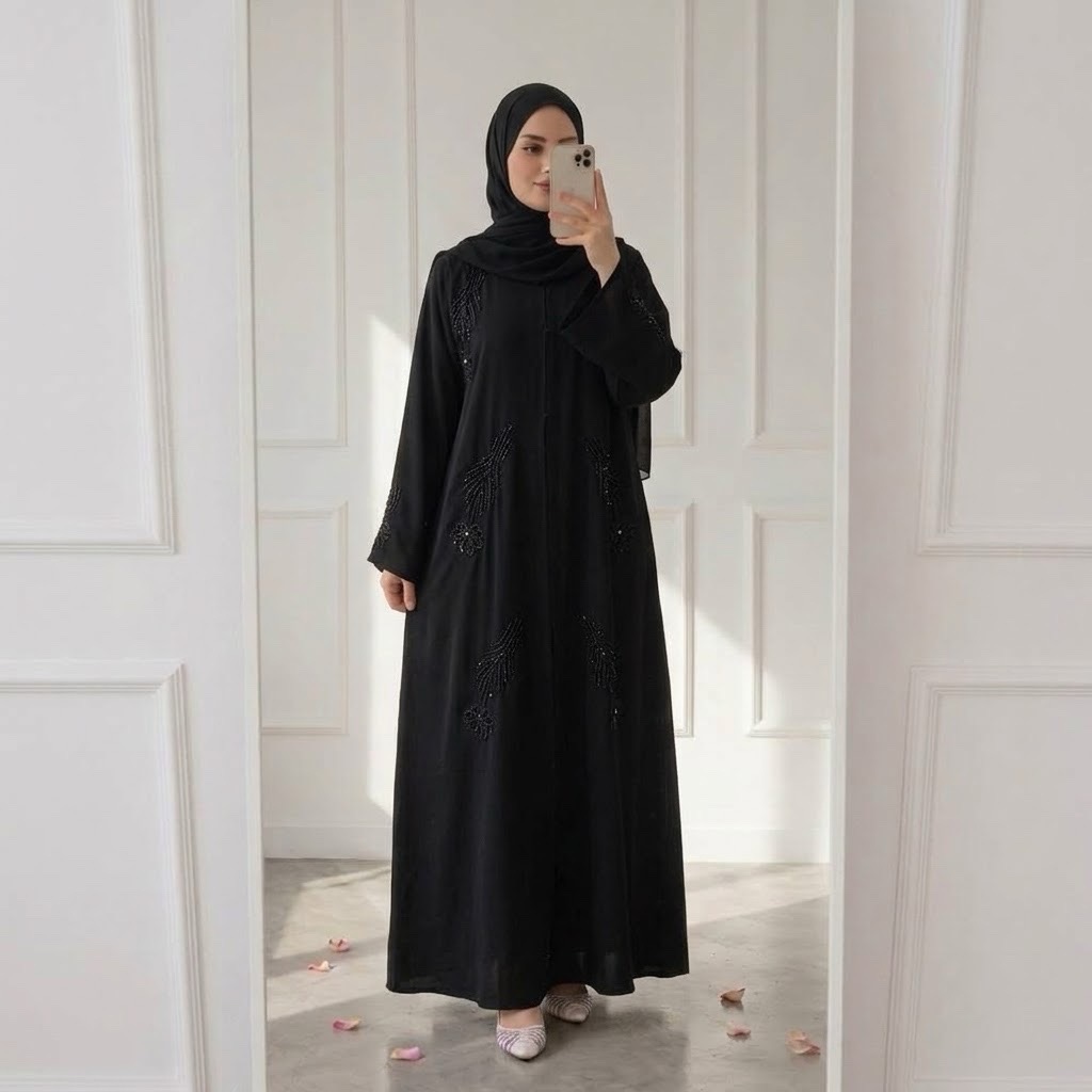 Beaded Abaya with matching shawl - Black